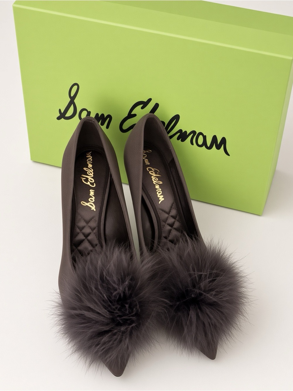 Sam Edelman Hazel Plush Feather Pom Pump Cocoa Silk Satin